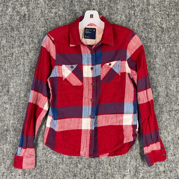 American Eagle Shirt Womens 8 Red‎ Cotton Plaid Flannel Collared Button-Up Chore - Picture 1 of 7
